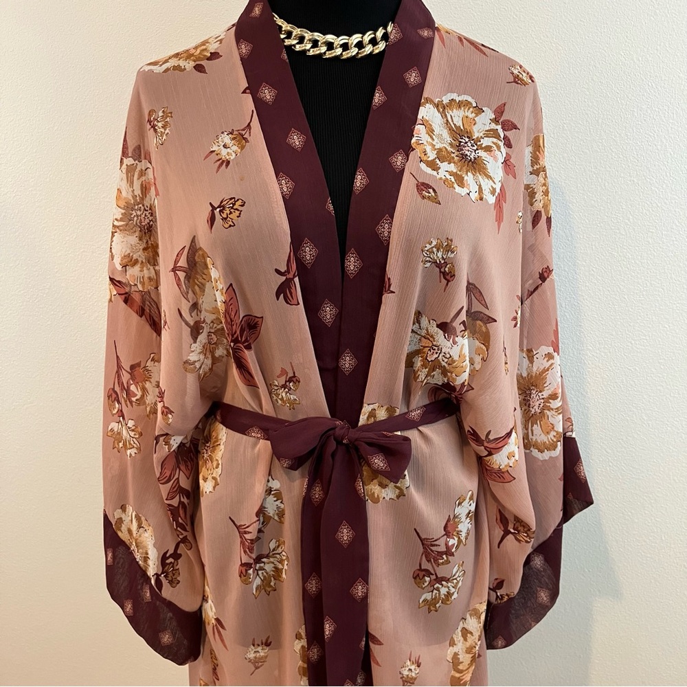 Burgundy & Coral Floral Kimono